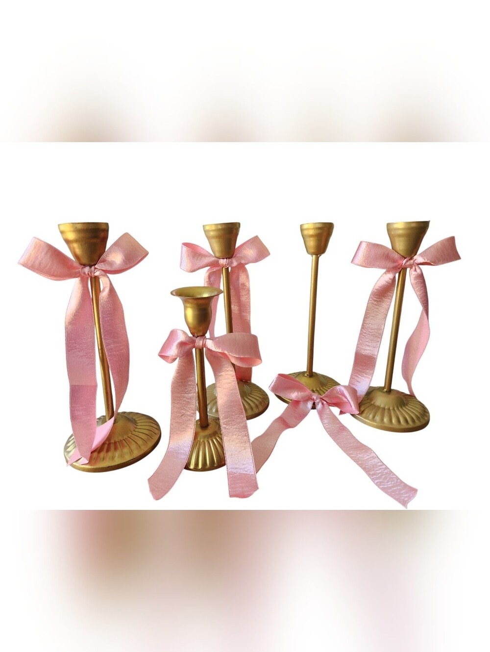 Gold Brass Candlestick Holders with Pink Satin Bows